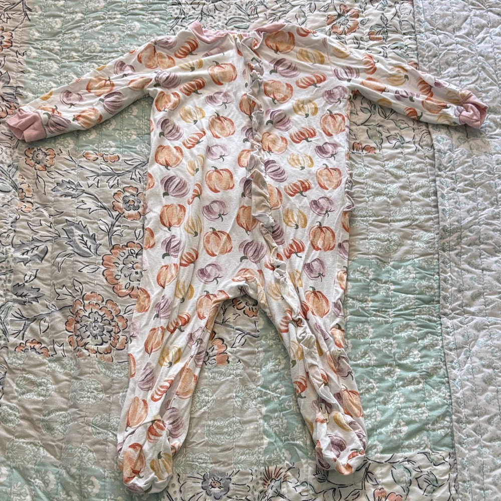 Cozy Pumpkin-Print Footed One-Piece Pajamas - White with Orange & Pink Accents